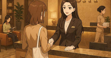 Spa reception area with friendly staff helping a walk-in client while appointment book shows full schedule