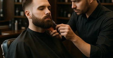 Professional barber performing a precise beard trim and shape-up on a client in a modern salon