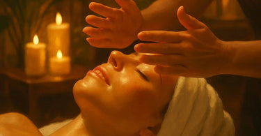 Close-up of an esthetician's hands performing light tapotement massage on a client's cheek and jawline in a professional spa setting.