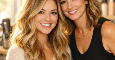 A happy salon client smiling as she looks at her beautiful hair color in natural sunlight next to a window.