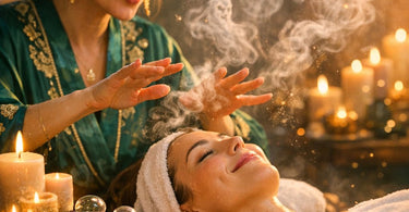 A serene spa setting featuring jade gua sha tools and silicone face cups arranged on linen with a bowl of stones, evoking an ancient and mystical beauty ritual.