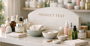A beautifully arranged product test station in a spa or salon retail area featuring skincare testers, applicators, and retail products on a marble countertop.