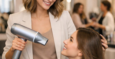 A sleek, modern, quiet hair dryer on a salon counter, symbolizing peace and professionalism in a busy hair salon.