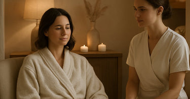 Therapist reading client body language during spa consultation in treatment room
