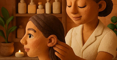 Professional esthetician performing behind the ear skin test during client consultation