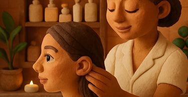 Professional esthetician performing behind the ear skin test during client consultation