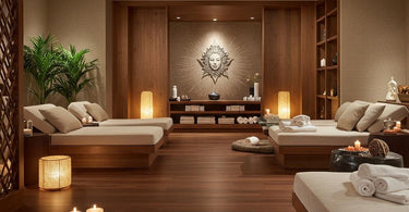 Spa professional setting up a wellness program with aromatherapy oils and massage tools