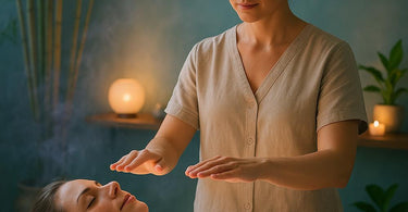 Peaceful Reiki session in a spa setting with soft lighting and calming energy