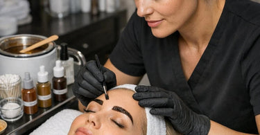 Professional brow tint color guide chart showing recommended shades for blondes brunettes and redheads with tinted eyebrow examples