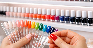 A well-lit professional nail salon display showcasing gel polish bottles under accurate, high-CRI lighting for perfect color representation.