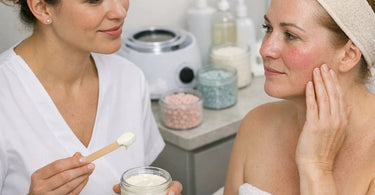 Gentle hard wax beads and creamy formulations for sensitive and rosacea-prone skin displayed on a spa counter with calming lavender and chamomile.