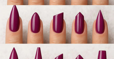 Various nail shapes displayed on different hand types showing oval, square, almond, stiletto, and coffin shapes