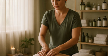 A massage therapist performing sports massage on a client's leg in a professional spa setting, highlighting recovery for athletes.