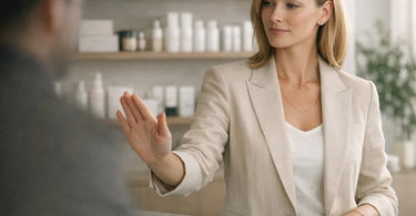 A professional esthetician confidently declining a client request, symbolizing the branding power of saying no to certain clients for spa and salon success