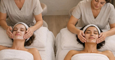 Two friends smiling and relaxing during side-by-side facial treatments at a spa