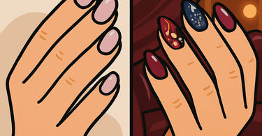 Side by side comparison of a basic manicure and a luxury spa manicure showing the difference in tools, polish, and experience