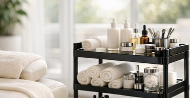 A professional, organized high-end spa trolley system fully stocked with massage oils, waxing supplies, and skin care products in a modern treatment room.