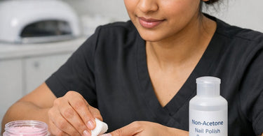 A science-meets-beauty illustration showing the chemical reaction of non-acetone remover gently breaking down dip powder polymers on a nail.