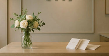A beautifully organized spa front desk with tasteful product displays and clean surfaces