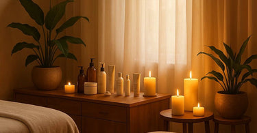 A compassionate esthetician consulting with a client, reviewing skincare products, in a safe and professional spa environment.