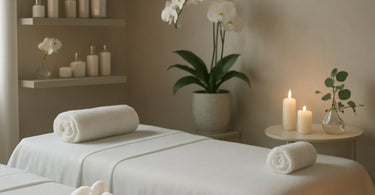 A relaxed spa client smiling confidently while wrapped in a plush towel, representing the perfect pre-event transformation