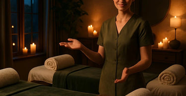 Spa professional providing exceptional service to the last client of the day in a warm, intimate setting