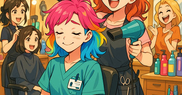 Healthcare professional with beautiful low-maintenance balayage hair color in a clinical setting