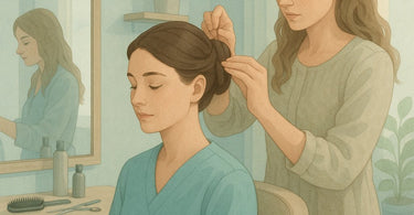 A healthcare professional with a sleek, secure updo hairstyle, smiling confidently in a medical setting.