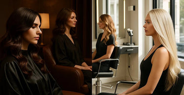 Seasonal hair color transformation showing winter dark brunette and summer light blonde transitions