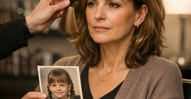 A stylist consulting with a client over a childhood photo, discussing hair color matching in a modern salon.