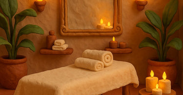 Esthetician holding mirror for client during facial treatment in spa setting