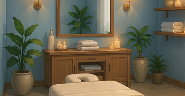 A spa client holding a hand mirror during a facial treatment with an esthetician looking on