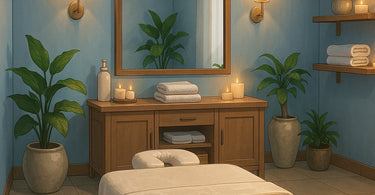A spa client holding a hand mirror during a facial treatment with an esthetician looking on