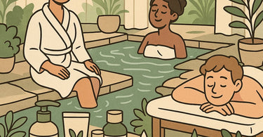 A serene spa treatment room setup with hypoallergenic products, featuring fragrance-free lotions, towels, and a facial steamer for clients with chemical sensitivities.