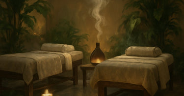 A stressed female client using a laptop while a spa professional offers a calming hand massage in a serene treatment room.