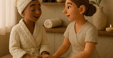 A spa professional gently assisting a relaxed client, symbolizing trust and exceptional care in a serene spa environment.