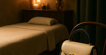A woman's hand placing a stylish leather purse on a sleek shelf in a serene, well-lit spa treatment room