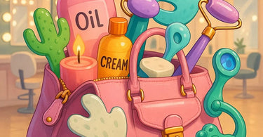 A stylish, open purse on a spa towel with various beauty products spilling out, representing different client lifestyles and retail opportunities for salons.