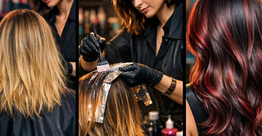 Side-by-side hair transformation showing a dramatic color correction from brassy green tones to a beautiful cool beige blonde