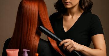 A professional hair colorist carefully applying color with a brush, showcasing focus and precision in a modern salon environment