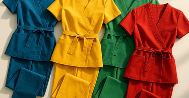 Team of spa professionals wearing coordinated colored uniforms in a modern wellness center