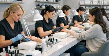 A stylish and modern nail salon interior featuring a long communal table where clients are socializing while getting manicures, highlighting the trend of the communal table's comeback.