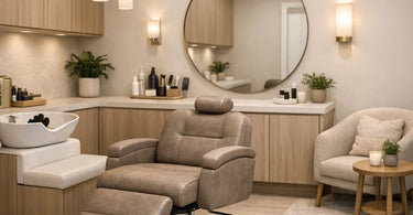 Modern and stylish private salon suite furniture including a sleek black styling chair and a minimalist station, showcasing the comeback of private salon spaces.