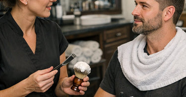 Barber preparing a traditional wet shave with shaving brush, straight razor, towels, and grooming products for a male client
