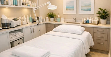 A serene and beautifully organized professional salon treatment room, featuring a comfortable massage bed, clean towels, and neatly arranged spa products on a trolley, ready for a client.