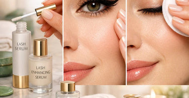 A clean, professional close-up of a woman's eye area, showing the correct application of lash serum along the upper lash line, with makeup products neatly arranged in the background.