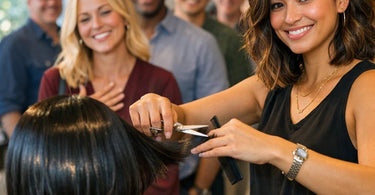 A smiling woman with a great hairstyle talking with two interested coworkers in a modern office setting, illustrating the Coworker Effect