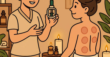 Professional cupping therapy session showing temporary marks on client's back
