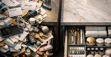 A humorous and relatable close-up image of a spa or salon's chaotic front desk drawer, filled with miscellaneous beauty supplies, papers, and everyday items, symbolizing hidden operational clutter.