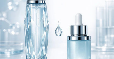 Close-up of glass dropper placing a clear hyaluronic acid serum on a woman's cheek, showcasing deep skin hydration.